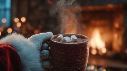 Cozy winter scene with hot chocolate and marshmallows by a warm fireplace