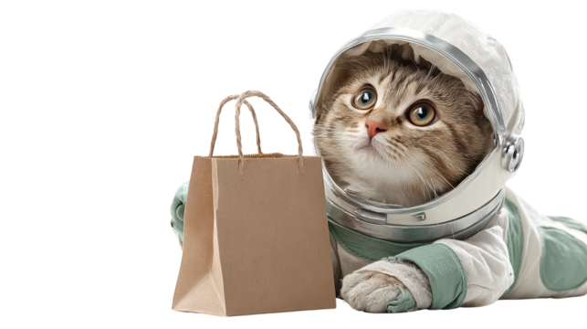 Astronaut Cat with Shopping Bag, Cute Space-Themed Concept
