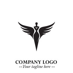 Elegant Black Angel Woman Silhouette Logo Symbol on White Background