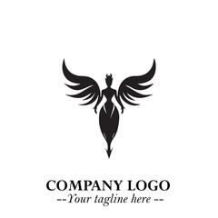 Elegant Black Angel Woman Silhouette Logo Symbol on White Background