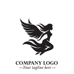 Elegant Black Angel Woman Silhouette Logo Symbol on White Background