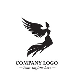 Elegant Black Angel Woman Silhouette Logo Symbol on White Background