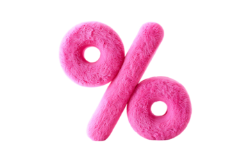 3d icon of a fluffy pink percentage sign, representing discounts, sales, or special offers in a fun and playful way