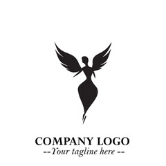 Elegant Black Angel Woman Silhouette Logo Symbol on White Background