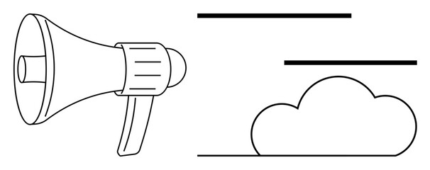 Megaphone and cloud outline linked by lines conveying concepts of communication, announcements, marketing, cloud technology. Ideal for media, promotions, campaigns, innovation, networking messaging