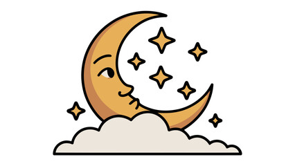 Celestial Dreamscape: A whimsical illustration of a smiling crescent moon resting on a fluffy cloud, encircled by shimmering stars, evokes a sense of serenity and the enchantment of the night.