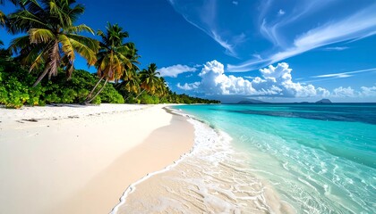 Tranquil tropical beach scene with clear turquoise water, white sand, and palm trees under a bright blue sky