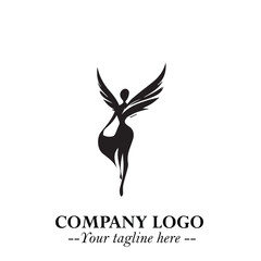 Elegant Black Angel Woman Silhouette Logo Symbol on White Background