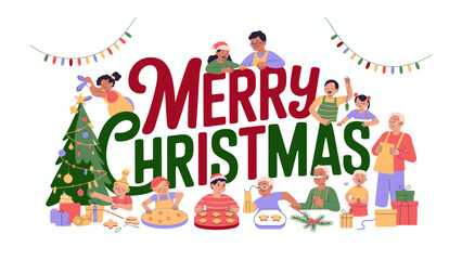 Festive Family Christmas: A heartwarming scene unfolds with a beautifully decorated Christmas tree and diverse family members, engaging in various holiday activities such as baking and decorating.