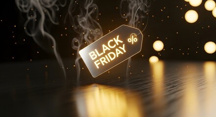 Black friday discount sale tag with shiny effect and smoke background design concept
