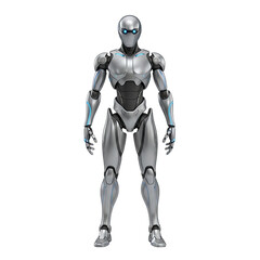 Fototapeta premium Futuristic Silver Android Robot with Blue Accents Standing Against a Black Background