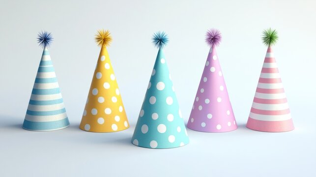 A collection of five vibrantly colored party hats with pompoms, set against a plain white background