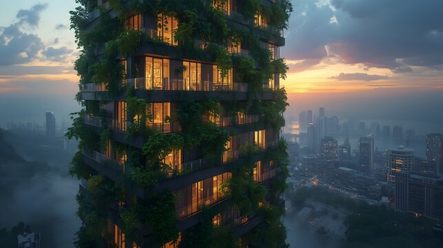 Modern Vertical Forest Skyscraper at Sunset Over City Skyline - Powered by Adobe