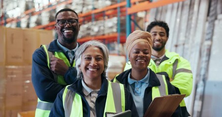 Face, happy and people for logistics in warehouse with career pride, about us and supply chain. Portrait, staff and teamwork with smile, inventory management and inspection for distribution industry - Powered by Adobe
