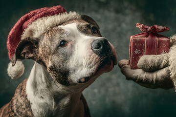American staffordshire terrier dog with a christmas hat taking a present from Santa's hand