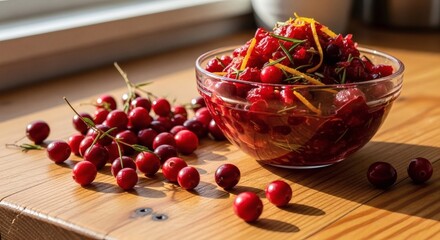 Fresh cranberries in a glass bowl, garnished with orange zest and rosemary, on a wooden surface for eat a cranberry day