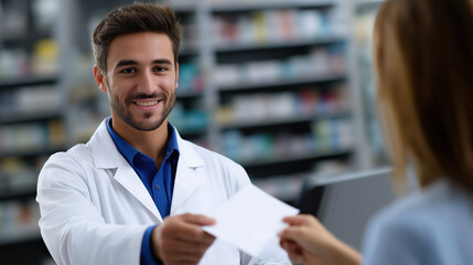 Pharmacist handing medication prescription to patient in pharmacy