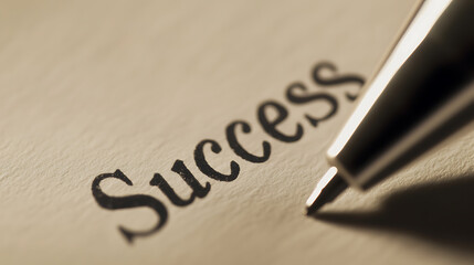 Image depicts the word "Success" in bold letters on textured paper, partially obscured by a pen. The pen is poised as if to write, symbolizing action and aspiration.