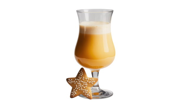 A festive creamy beverage with a star shaped cookie at the base of the glass isolated on transparent background - Powered by Adobe