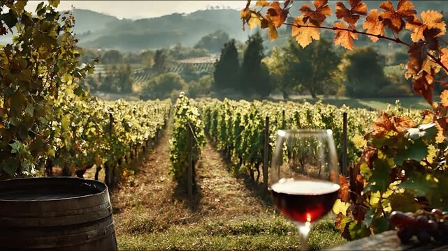 Vineyard Vista Red Wine with Autumn Leaves, and Rolling Hills.