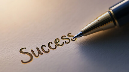 A gold pen is writing the word "Success" on paper. The image shows the concept of achieving goals and reaching new heights through strategic planning and hard work.