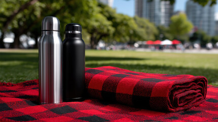 Stylish picnic setup with thermoses and a blanket in the park