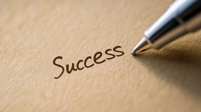The word "Success" is handwritten on a beige textured surface with a pen resting nearby. A reminder that success is achieved through thoughtful planning and consistent effort.