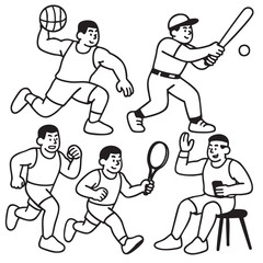Isolated separated layered lineart outline of five men playing various sports and relaxing