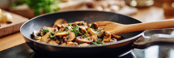 Sautéed mushrooms with fresh herbs in a skillet