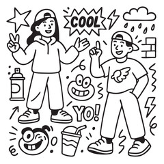 Isolated separated layered lineart outline two happy teenagers with doodle elements and cool text