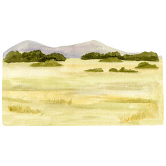  Watercolor African safari park landscape with green fields and rolling hills on the horizon. Hand-painted savanna illustration ideal for wall art, travel designs, posters, and creative backgrounds.  © Tatsiana