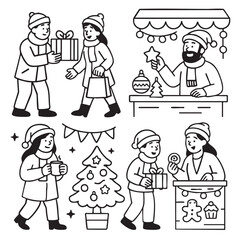 Isolated separated layered lineart outline of people enjoying festive market with gift and tree