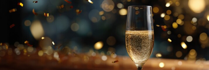 Elegant champagne glass with floating bubbles and golden confetti in festive ambiance