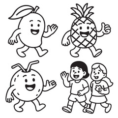 Isolated separated layered lineart outline of happy fruit characters and children walking
