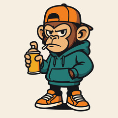 A cool cartoon monkey, stylishly adorned in an orange cap and teal hoodie, holds a spray can, ready to unleash street art, the essence of urban expression.