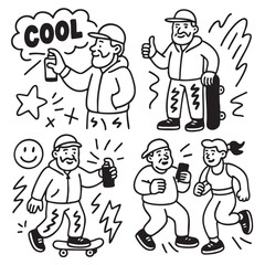 Isolated separated layered lineart outline illustration of people with skateboard and spray