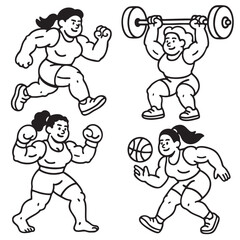 Isolated separated layered lineart outline of strong woman athlete in various sports activities