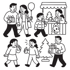 Isolated layered lineart outline of people separated festive market with gifts and tree joyful