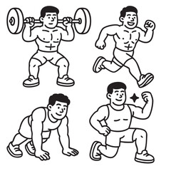 Isolated separated layered lineart outline of muscular man exercising in various fitness poses