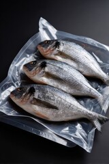 Fresh seabream on vacuum sealed plastic packaging on dark background
