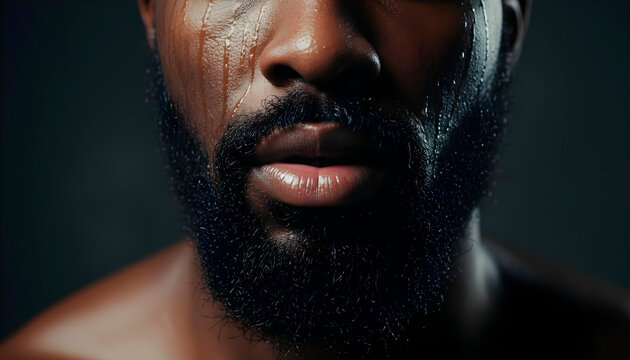 Close-up of afroamerican man wet beard and lips, highlighted by dramatic directional lighting that emphasizes texture, moisture, and a rugged masculine mood.