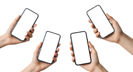 Four hands holding smartphones isolated on transparent background