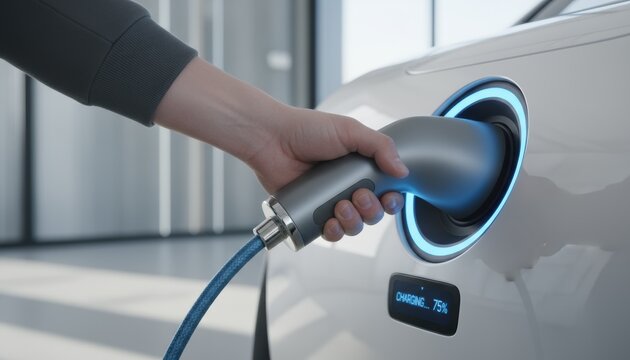 Hand plugging charger into electric car, symbolizing clean energy transition, sustainable mobility, eco-friendly innovation, and the accelerating adoption of electric vehicle technology
