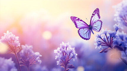 Ethereal purple butterfly with light leak shines over blurred blooms; ideal for digital arts, branding, posters.