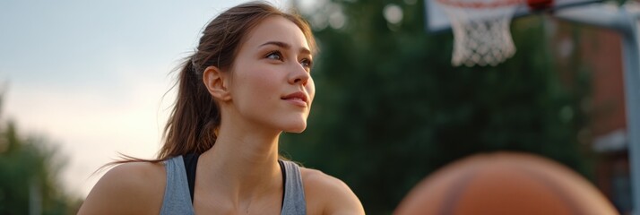 Young caucasian adult female playing basketball outdoors