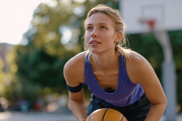 Young caucasian female playing basketball outdoors in athletic wear