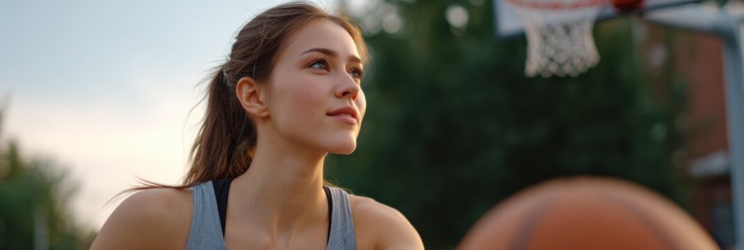 Young caucasian adult female playing basketball outdoors