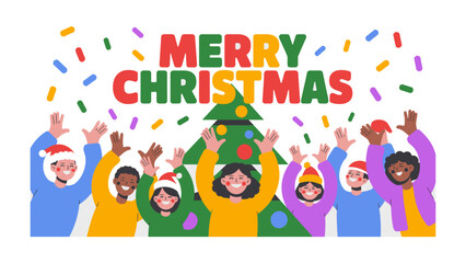 Christmas Joyful Greetings: A diverse group of people from all walks of life united in the festive spirit, joyfully celebrating the season. The scene is filled with happiness and goodwill.