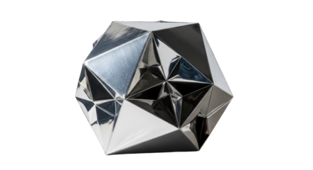 Geometric Silver Sculpture With Sharp Edges and Reflective Surfaces Isolated On Black Background With Studio Lighting