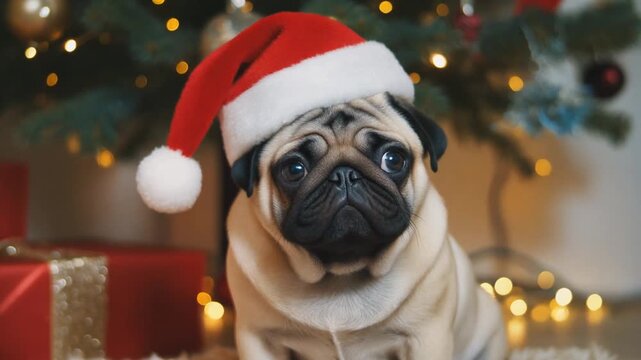 Ein s&uuml;&szlig;er Mops-Welpe sitzt unter einem festlich geschm&uuml;ckten Weihnachtsbaum